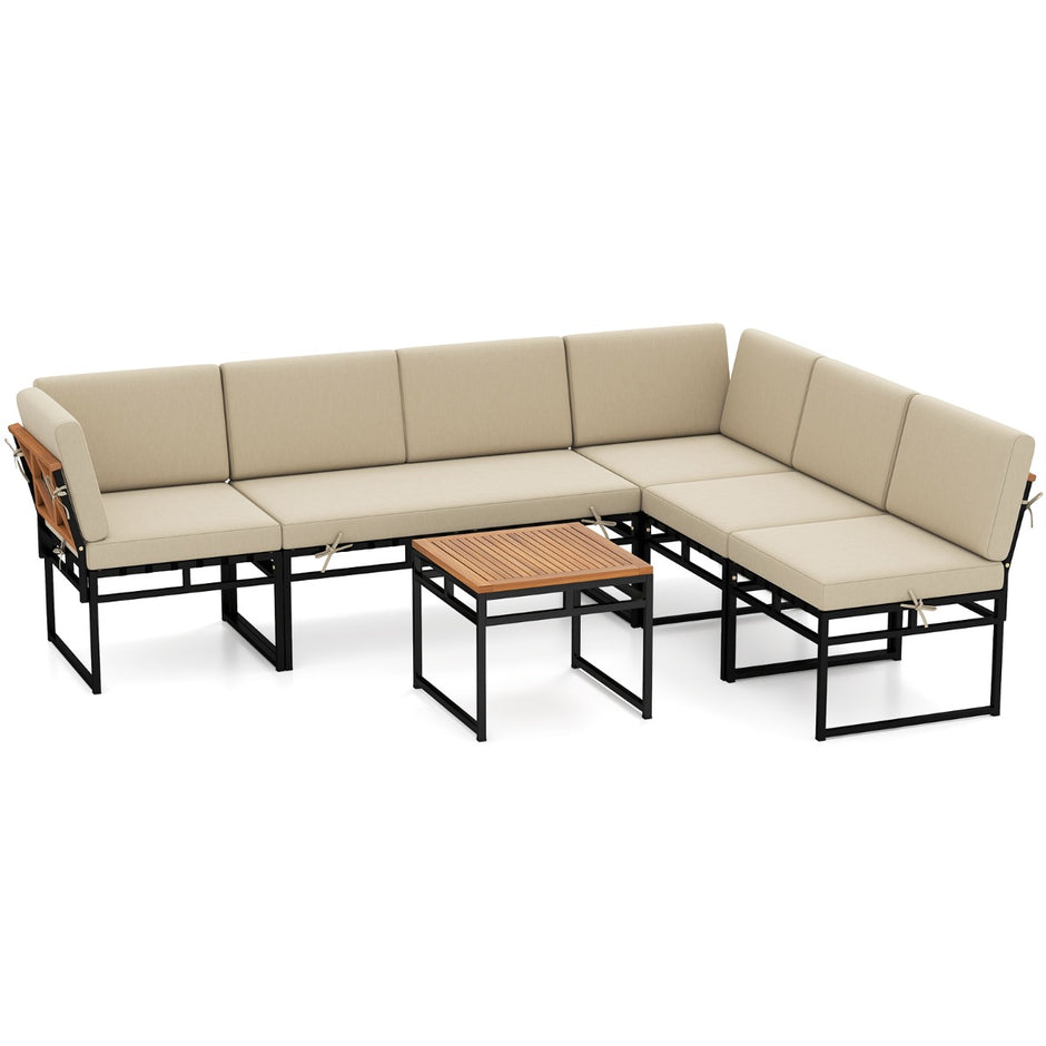 delad – Sittgrupp Utomhus Trädgårdssoffa med Metallram Kuddar och Bungee snöre Sits – 6 – Beige