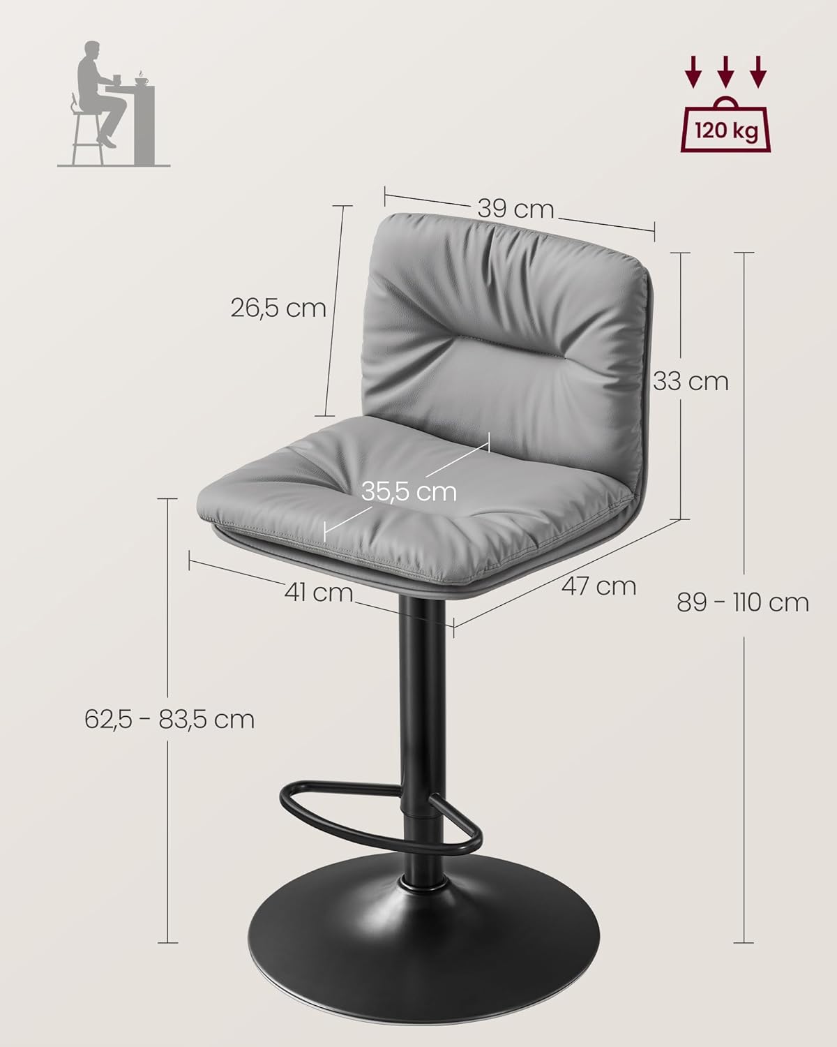 Barhocker - 2 - Stiftsitz - rotbar - grau