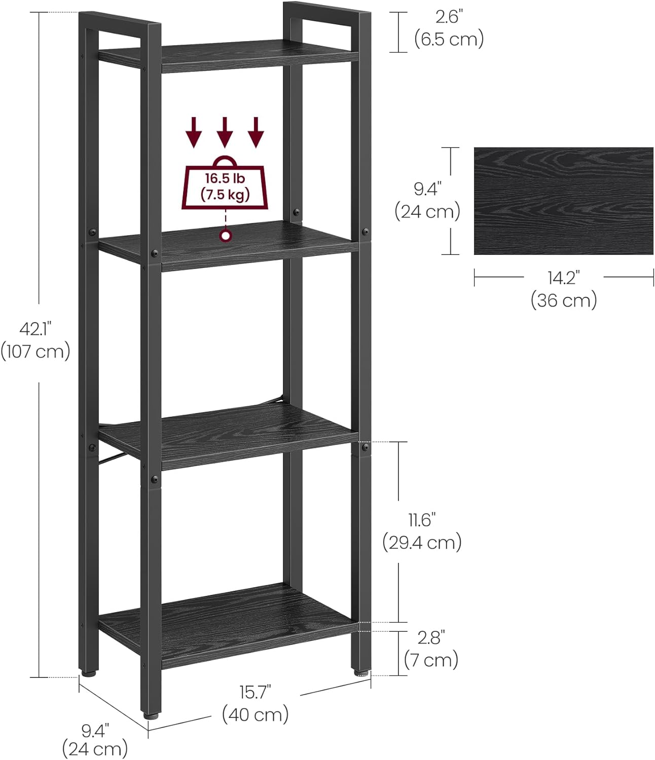 Bücherregal - Wohnzimmerschrank - mit 4 Levels - offene Regale - Schwarz