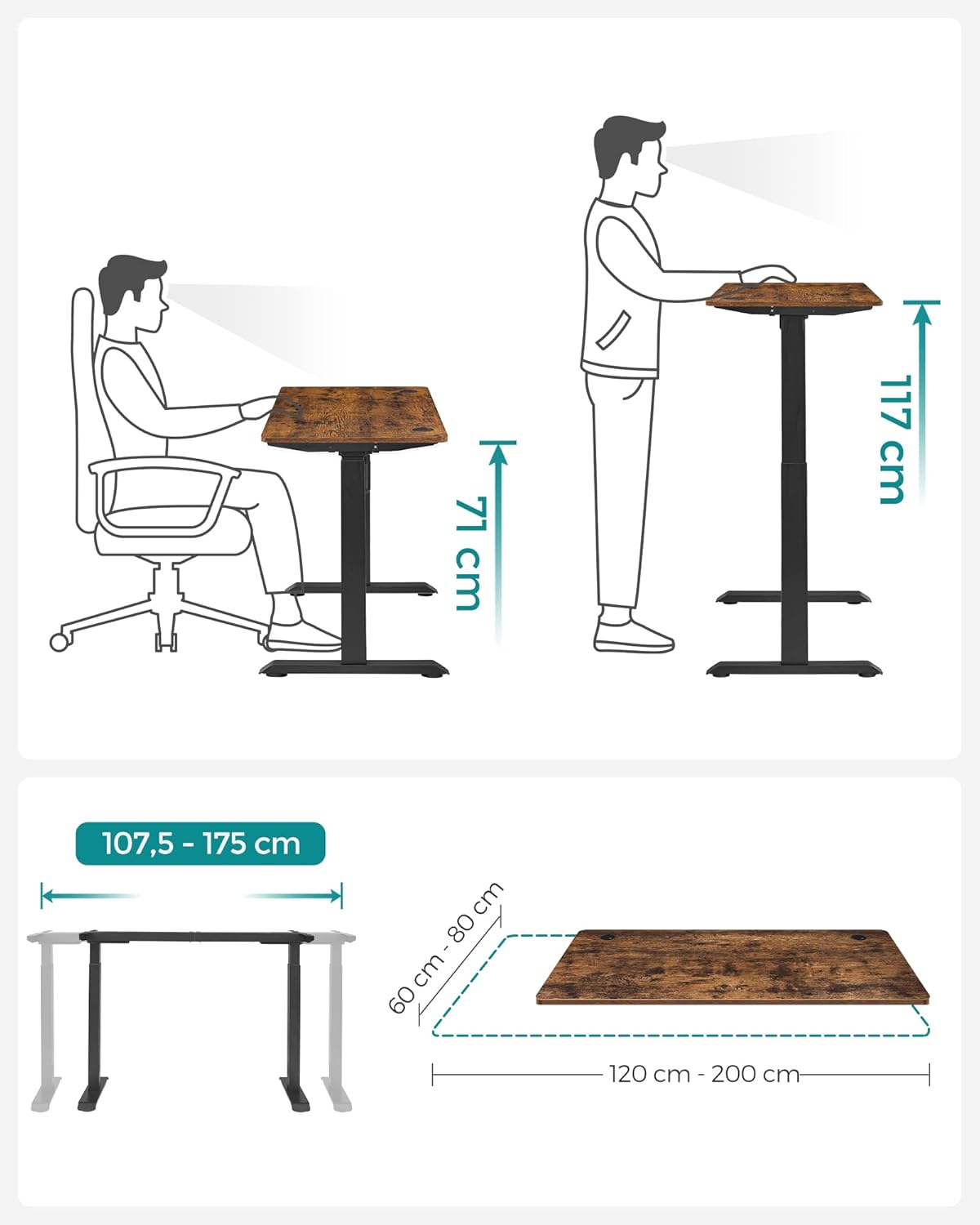 Elektrischer Sitz -STA -Schreibtisch - Höhe einstellbar - 60 x 120 cm