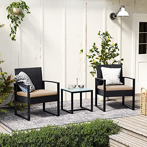Gartenmöbelset - Loungeset - Rattan -Look - 2 Stühle und Glas Tisch - Schwarz