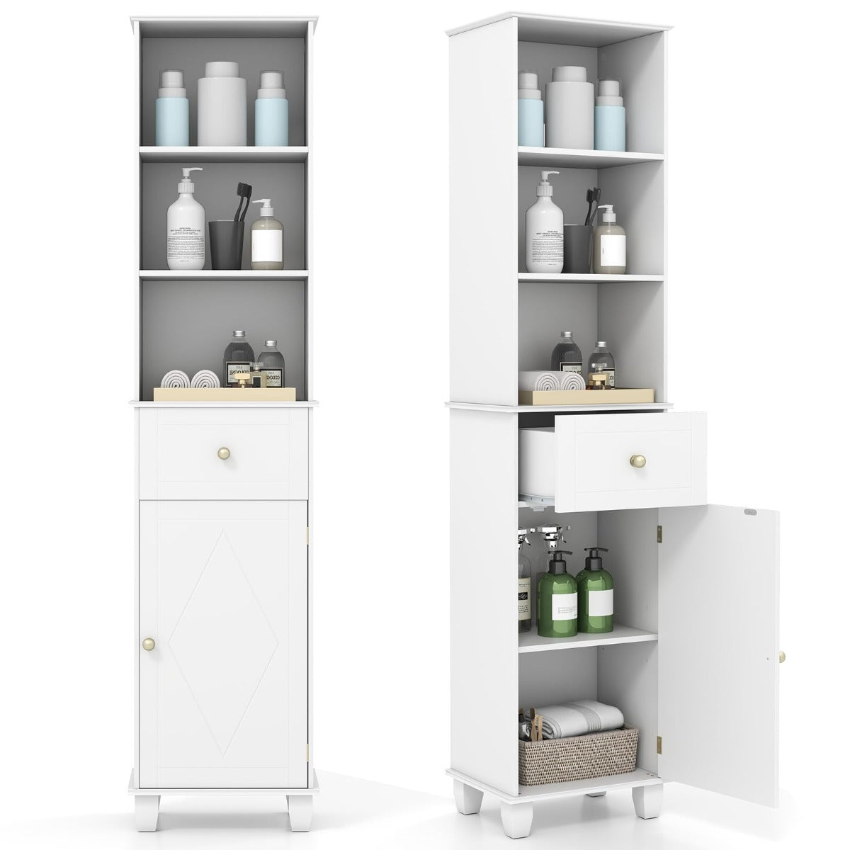 Badrumsskåp – smal Badmöbel med öppen Hylla Låda Dörr och justerbar – 3 1 1 172 cm – Vit