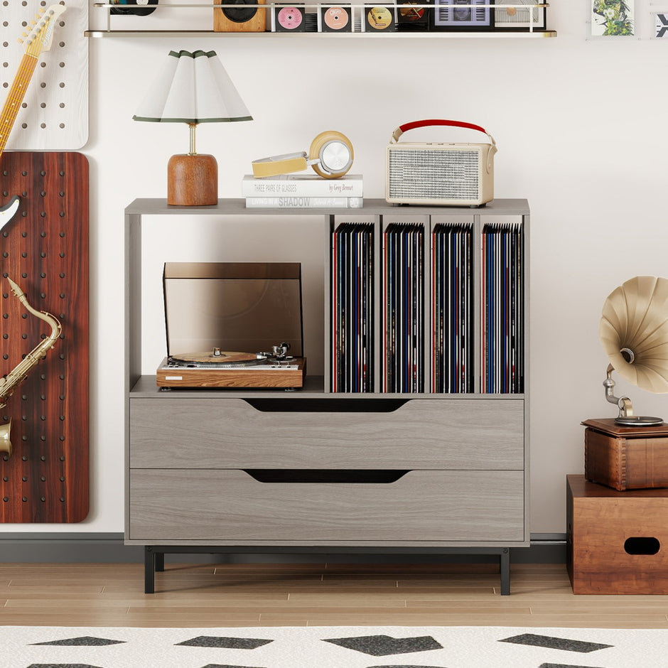 Skivspelare – med vinylfack och lådor Retro Vinylhållare – 4 2 – Grå