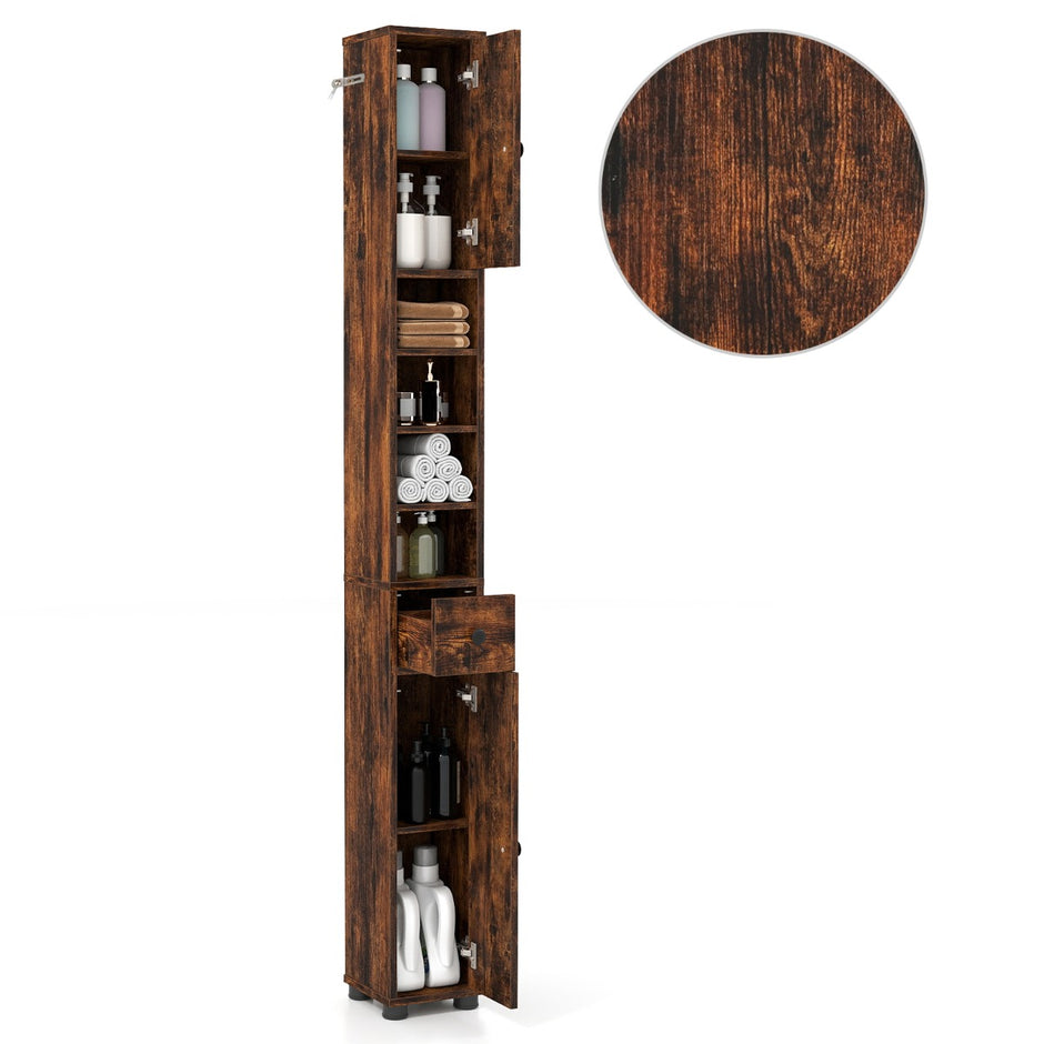 Smal – badrumsskåp med dörrar, låda och justerbara hyllor Brunt – 2 1 – Brun