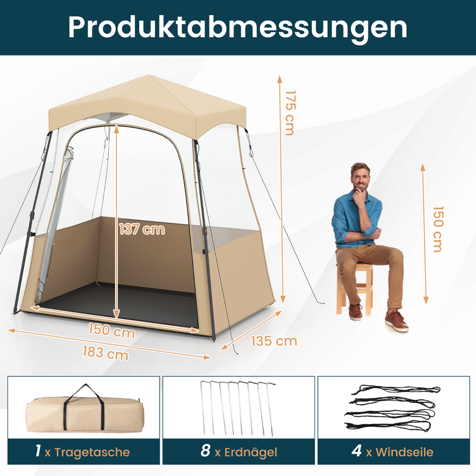Sporttält – Transparent med klar sikt och Robust ram Bärväska – 183 x 135 x 175 cm – Brun
