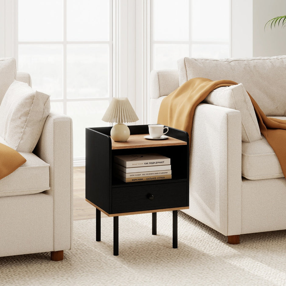 Nattduksbord – med Låda och öppen Förvaringsfack modern Soffbord Metallben – Svart