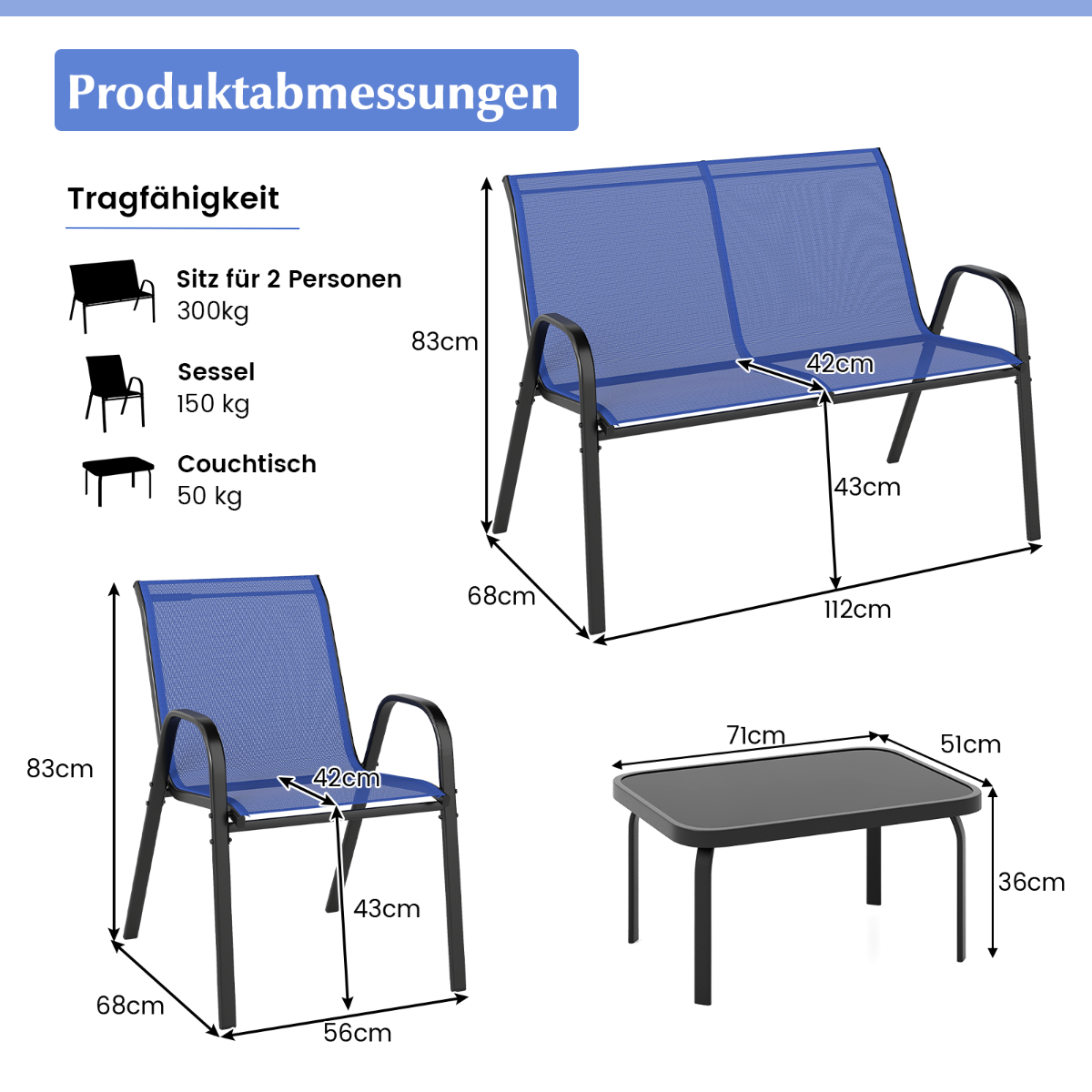 delat – patio metallstolset modernt och bordset med tygöverdrag bordsskiva av härdat glas – 4 – Blå