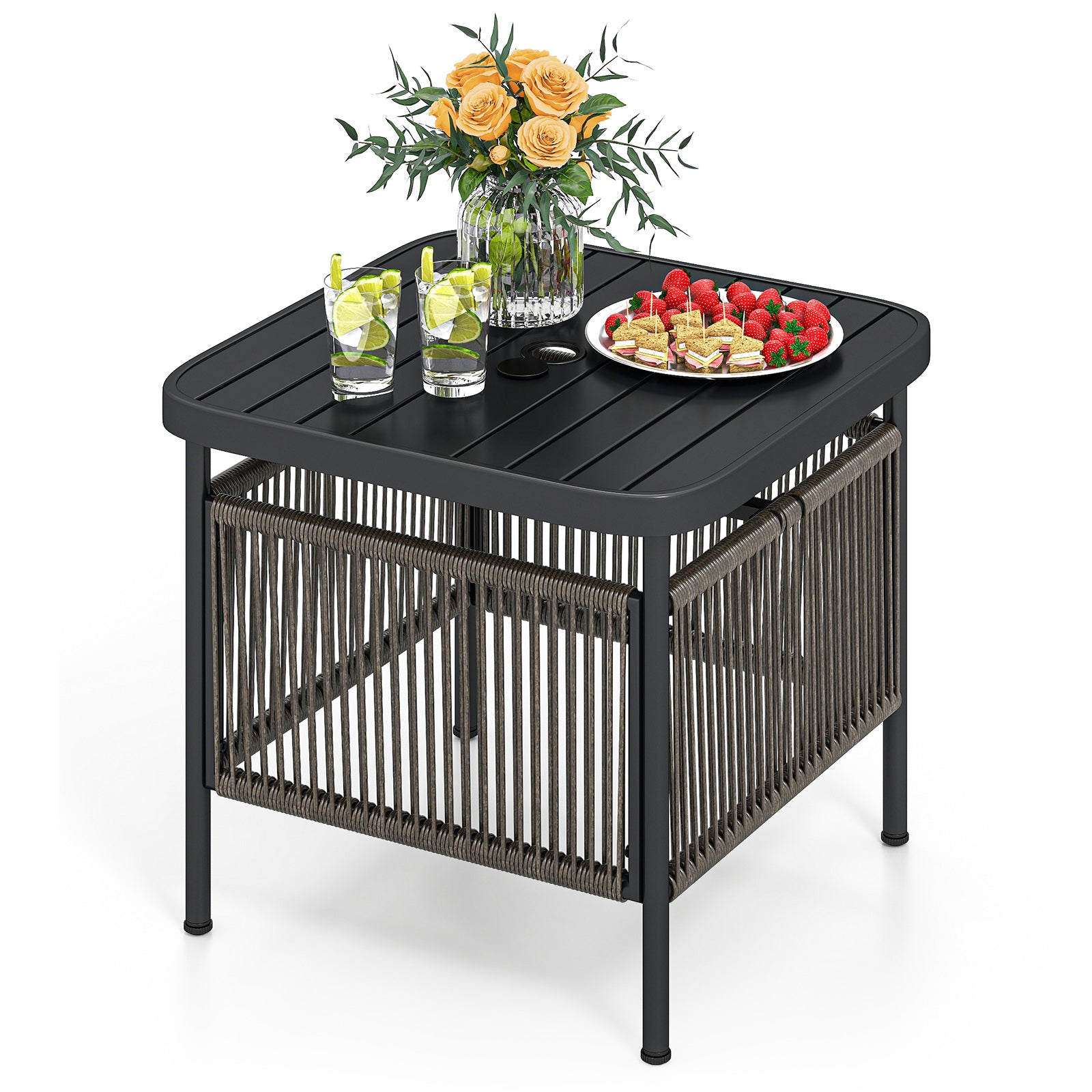 Utomhus – sidobord väderbeständigt rotting trädgårdsbord med parasollhål litet balkongbord kaffebord för – 56 x 56 x 49 cm – Svart