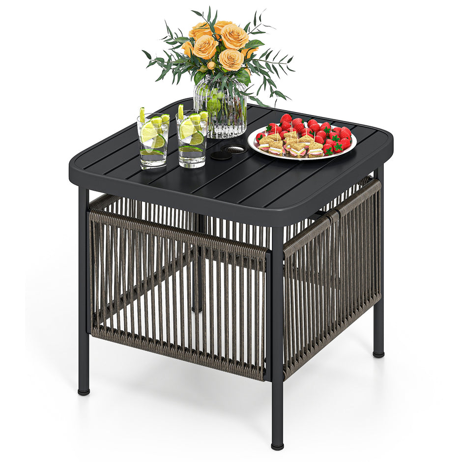Utomhus – sidobord väderbeständigt rotting trädgårdsbord med parasollhål litet balkongbord kaffebord för – 56 x 56 x 49 cm – Svart