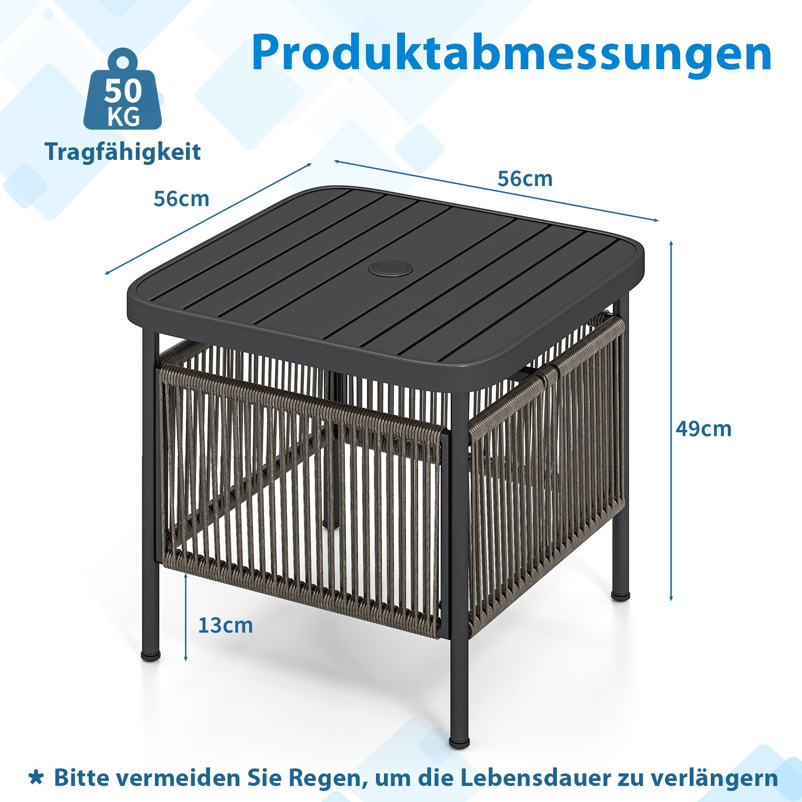Utomhus – sidobord väderbeständigt rotting trädgårdsbord med parasollhål litet balkongbord kaffebord för – 56 x 56 x 49 cm – Svart