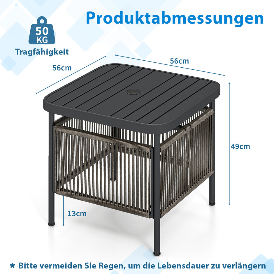 Utomhus – sidobord väderbeständigt rotting trädgårdsbord med parasollhål litet balkongbord kaffebord för – 56 x 56 x 49 cm – Svart