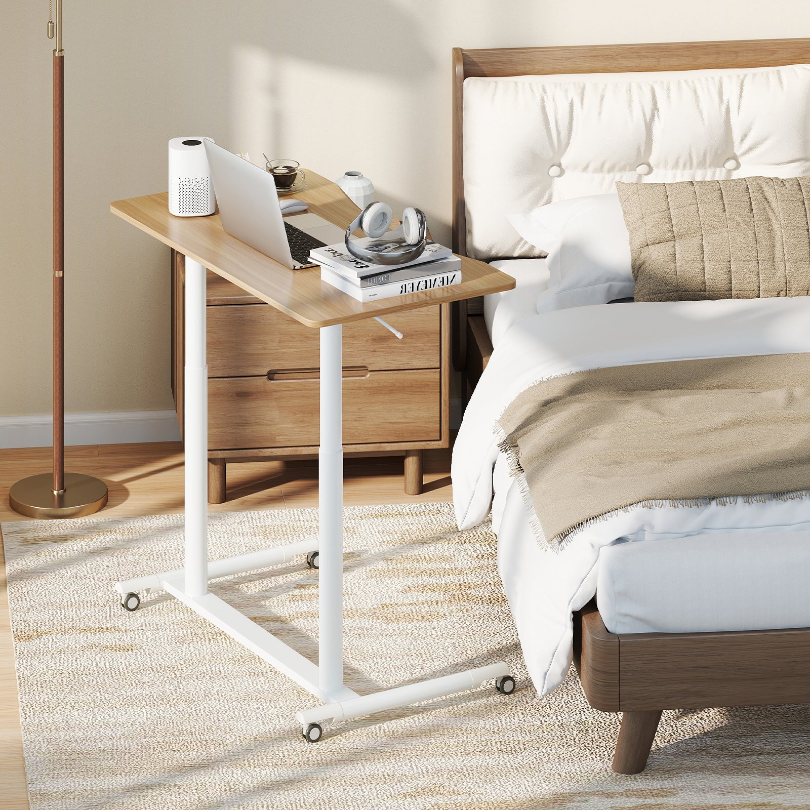 C – formad skrivbord med hjul höjdjusterbart datort Ståbord – 70-106 cm – Natur