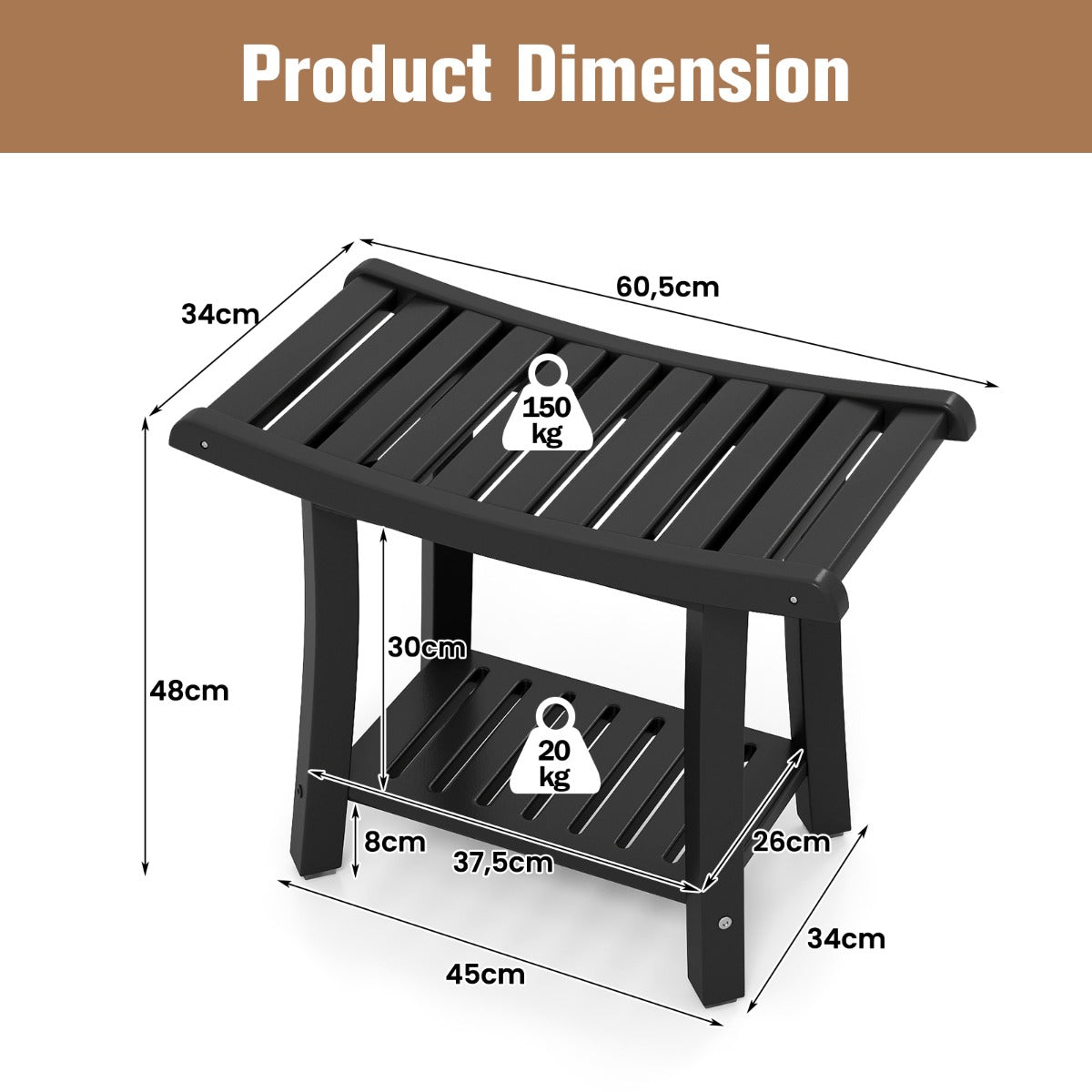 Duschbänk – Vattentät Duschpall med Böj Sits – 60,5 x 34 x 48 cm – Svart