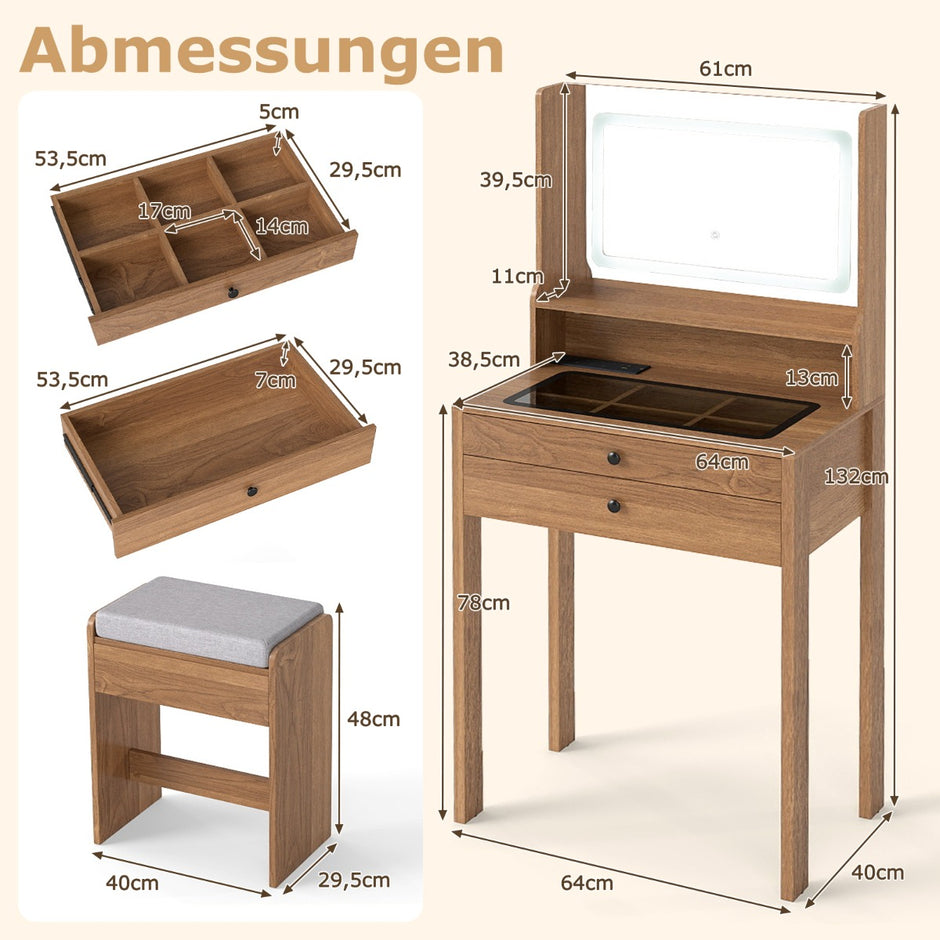 Sminkbord – med Kuddad Pall och Eluttag Färg LED Spegel Skönhetsbord – 3 – Brun