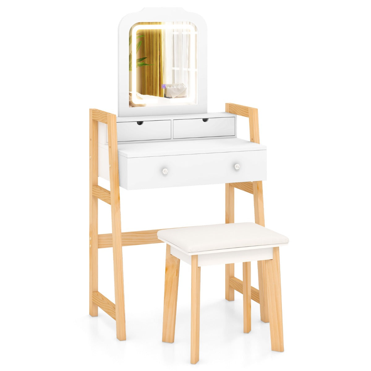Sminkbord – i trä med pall och spegel lådor Frisörbord – 3 64 x 41 x 137 cm – Vit