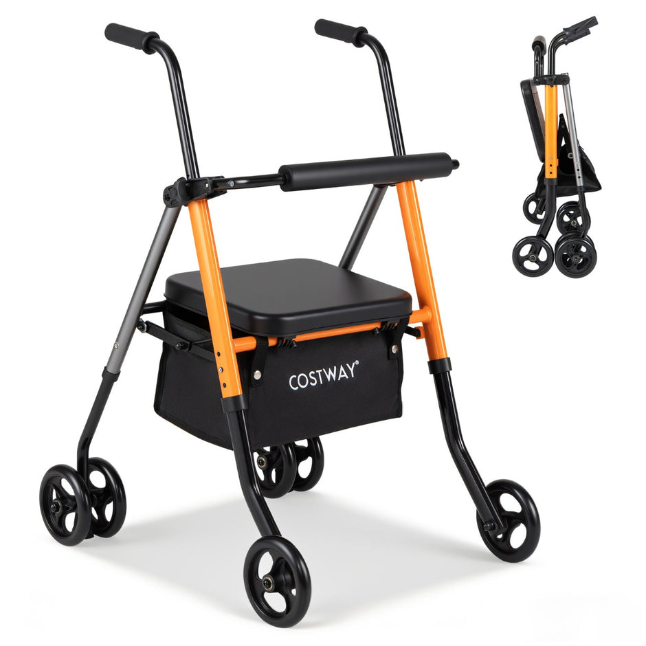 Fällbar – Resrollator Höjdjusterbar Med Sits Korg Lätt Aluminium Upp Till För Seniorer Orange + – 136 kg – Svart