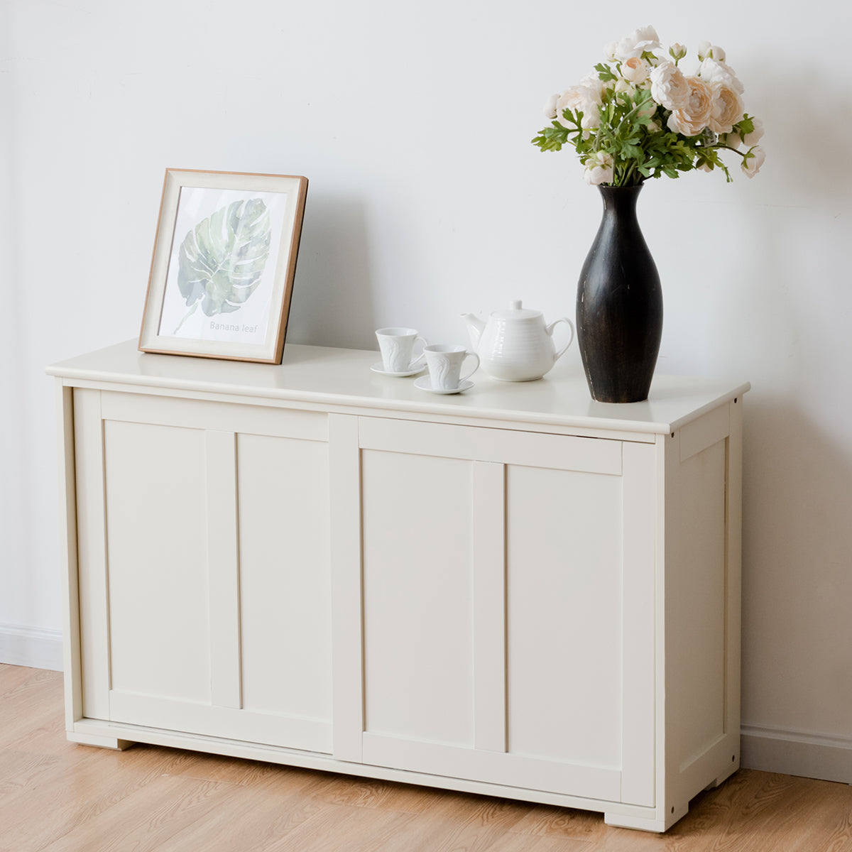 Skänk – Köksskåp Sidoskåp med skjutdörrar Vit/Brun – 106,5 x 33 x 60 cm – Beige