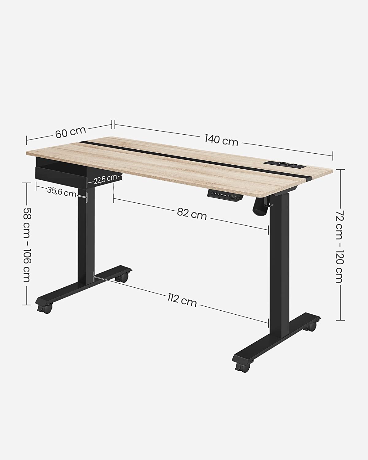Elektrischer Schreibtisch - Höhe einstellbar - Speicherfunktion mit 4 Höhen - weiß schwarz - 60 x 140 cm