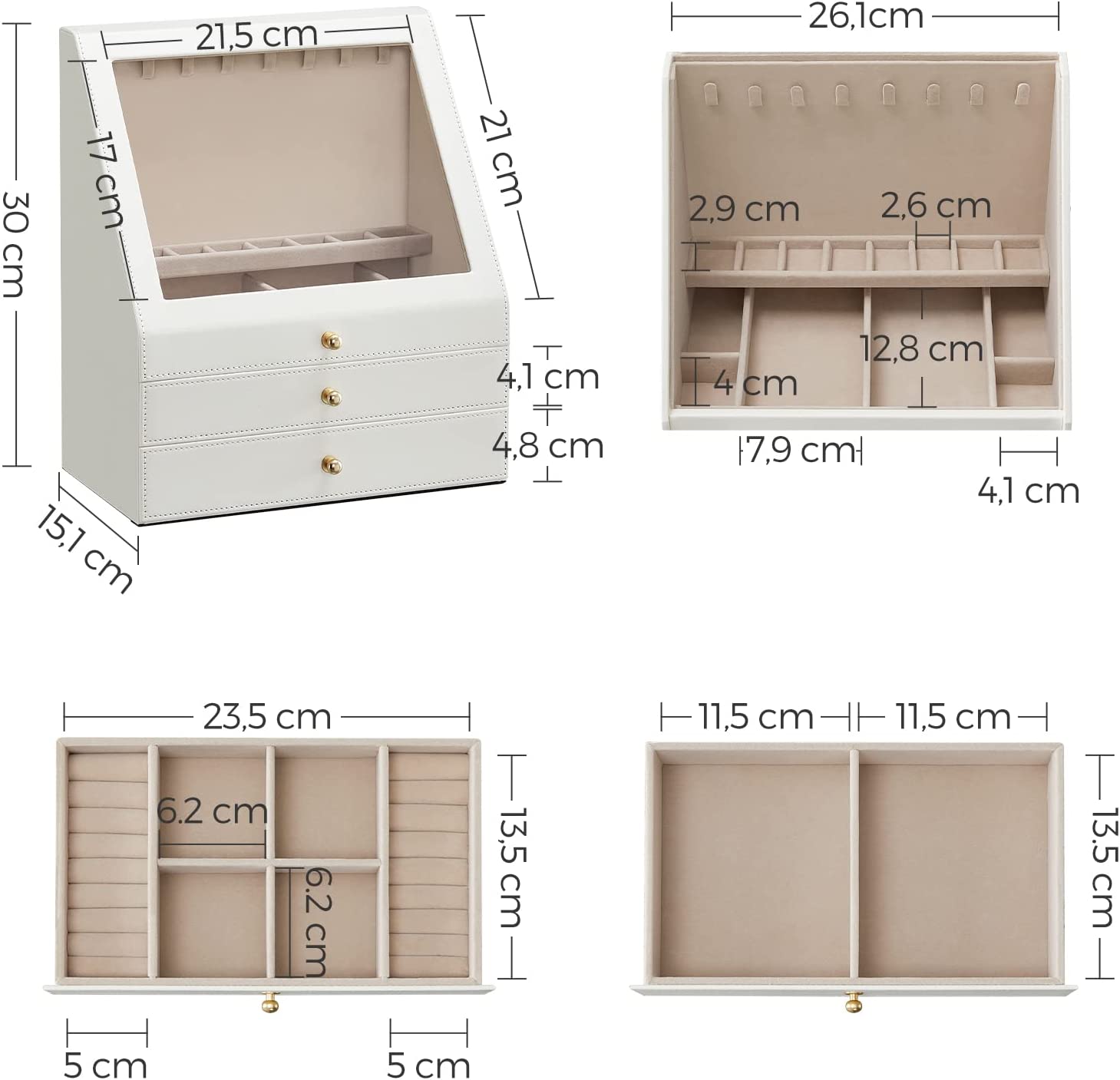 Schmuckschachtel - mit 3 Levels - abfallendes Glasfenster - 2 Schubladen - Aufbewahrungsschachtel für Schmuck - modern - Weiß