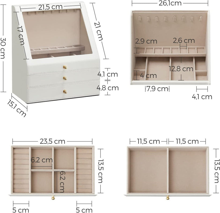 Schmuckschachtel - mit 3 Levels - abfallendes Glasfenster - 2 Schubladen - Aufbewahrungsschachtel für Schmuck - modern - Weiß
