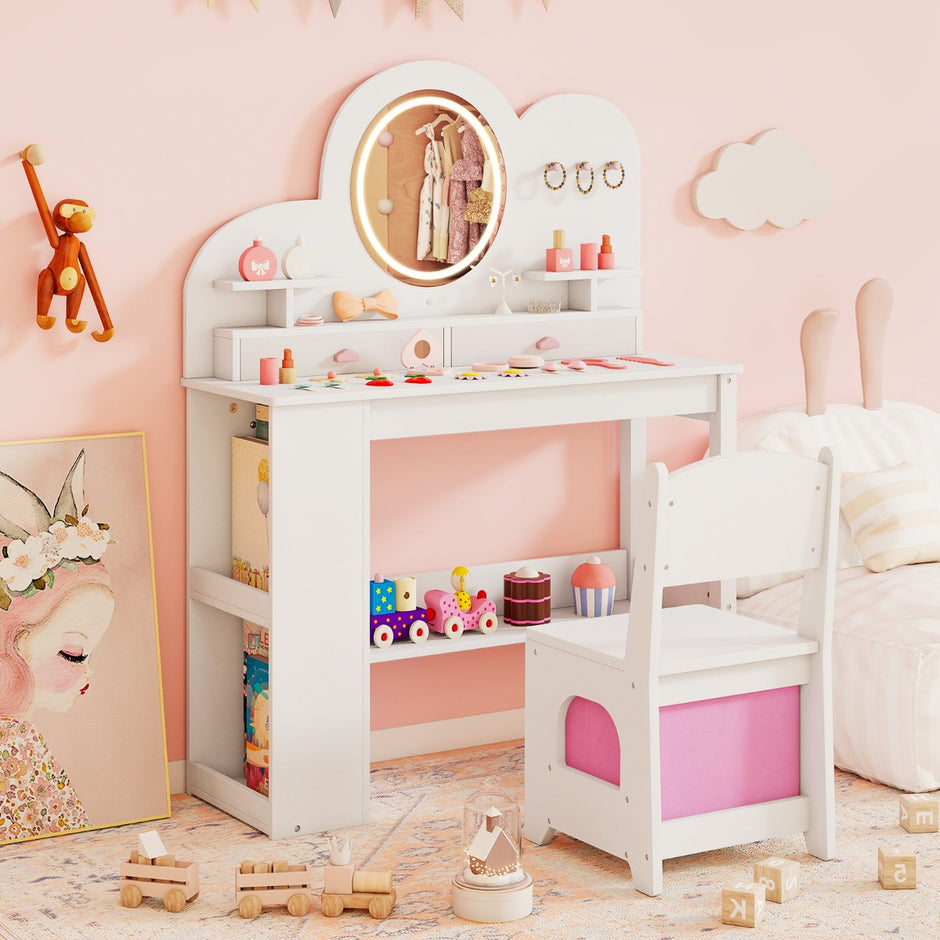 Barnsminkbord – med belysning Prinsessans frisörbord och stolsset lådor Vitt – 2 – Vit