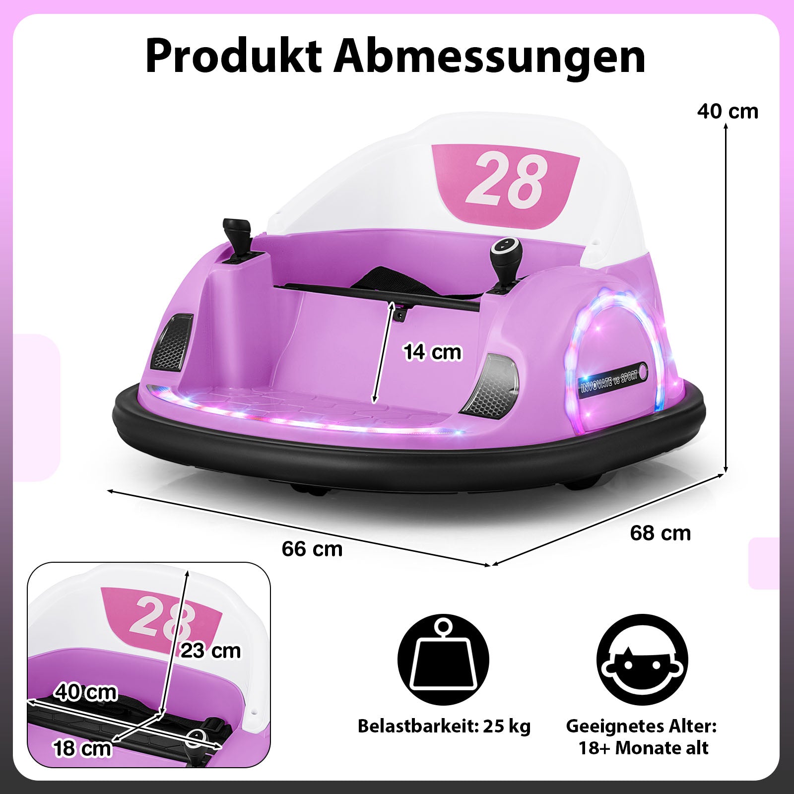 Sittande – bumperbil för småbarn 12V elektrisk 360° snurrande leksaksbil med fjärrkontroll – Rosa