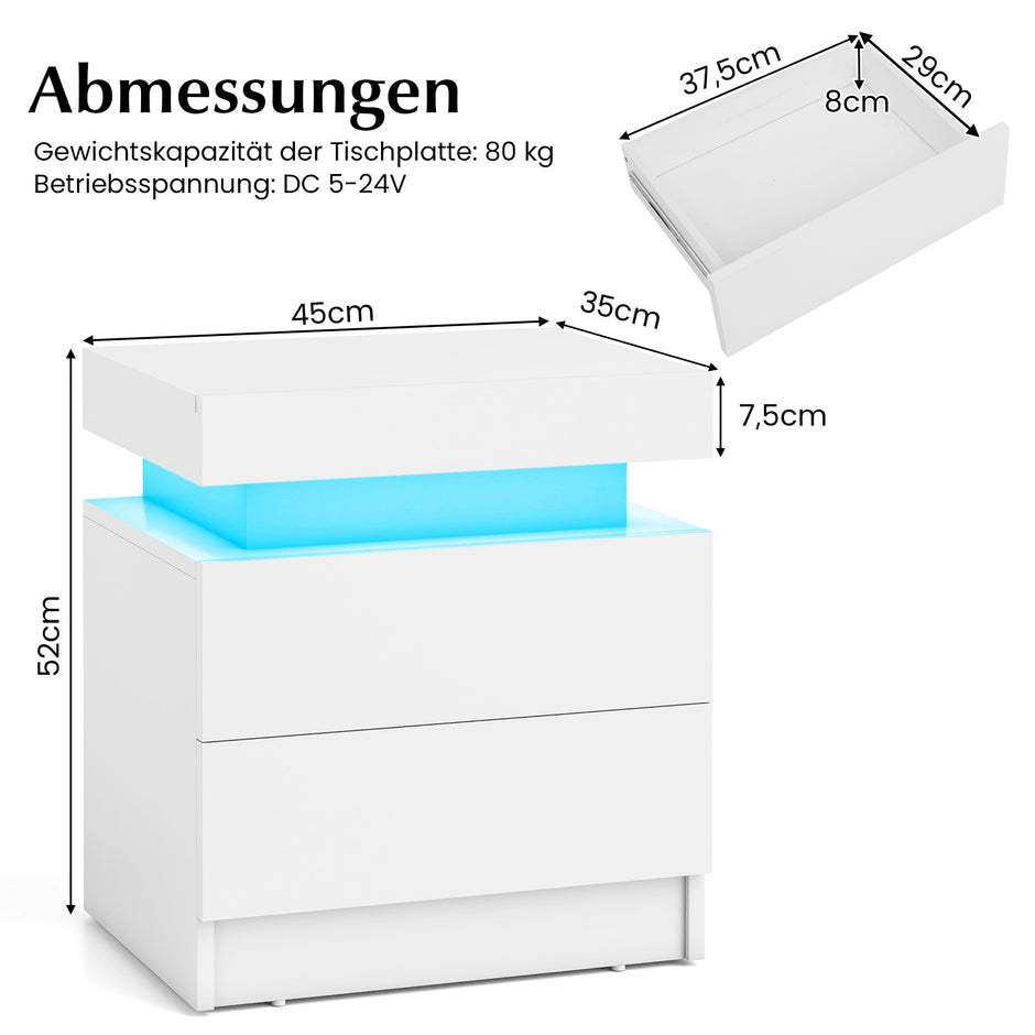 Nattduksbord – med LED lampor nattkommod lådor modern sidobord – 2 – Vit
