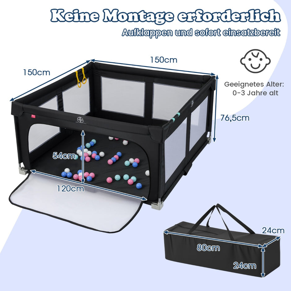 Leksaksgård – för baby, hopfällbar lekgård med bollar, handtag och dragkedjedörr – 50 4 150 x 150 cm – Svart