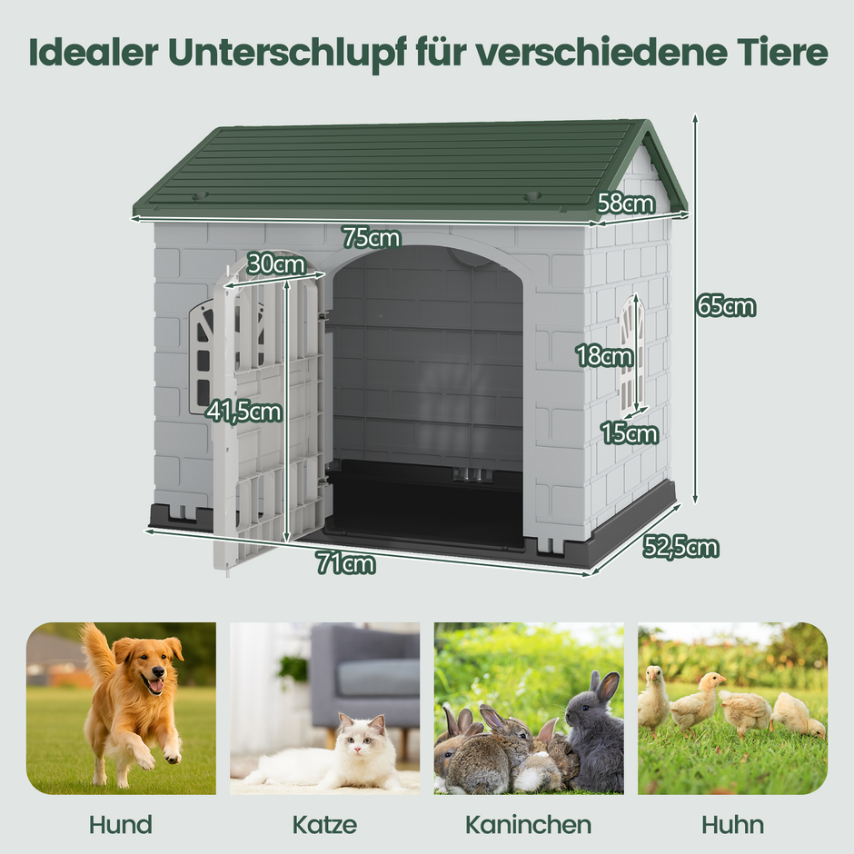 Hundkoja – i plast väderbeständig hundhus med låsbart dörr, fönster och snedtak för små hundar katter – 3 – Grön