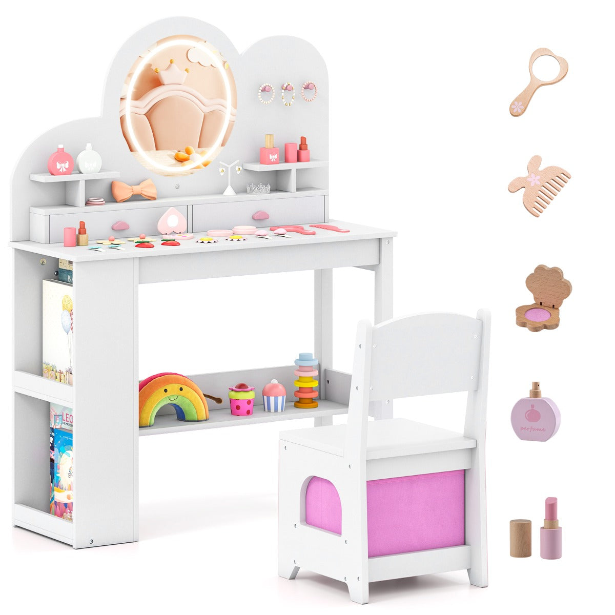 Barnsminkbord – med belysning Prinsessans frisörbord och stolsset lådor Vitt – 2 – Vit