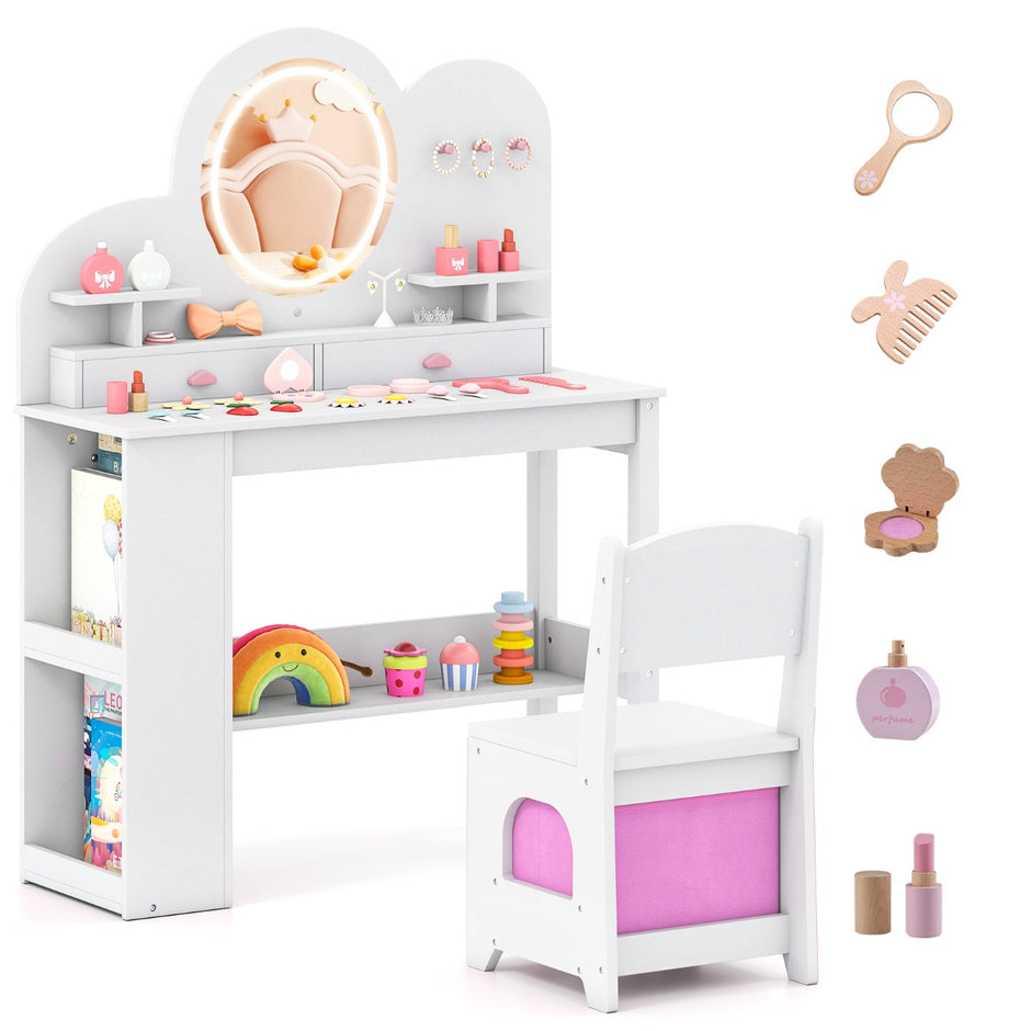 Barnsminkbord – med belysning Prinsessans frisörbord och stolsset lådor Vitt – 2 – Vit