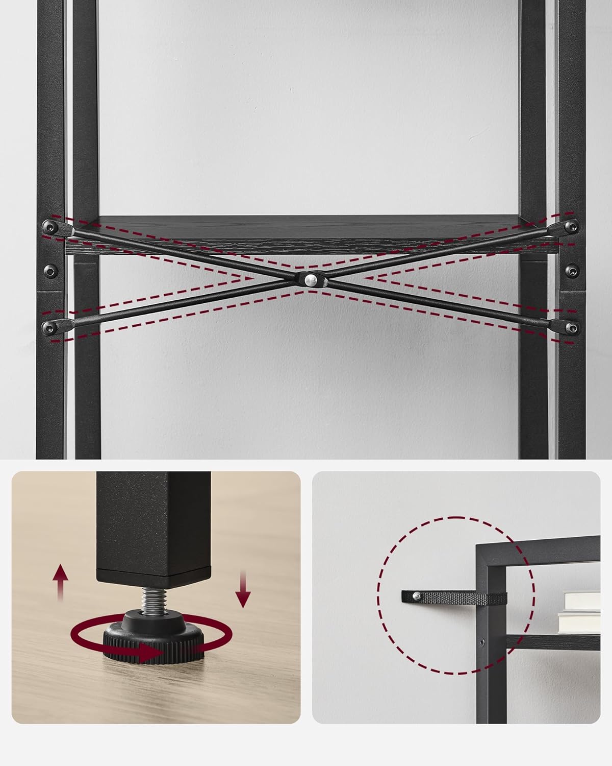 Bücherregal - Wohnzimmerschrank - mit 4 Levels - offene Regale - Schwarz