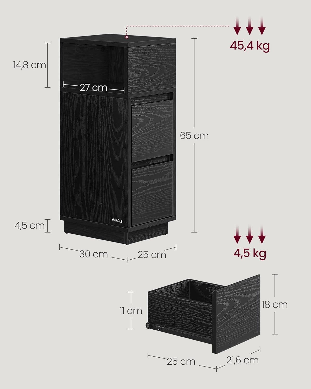 Schmaler Nachttisch mit 2 Schubladen in Ebenholzschwarz