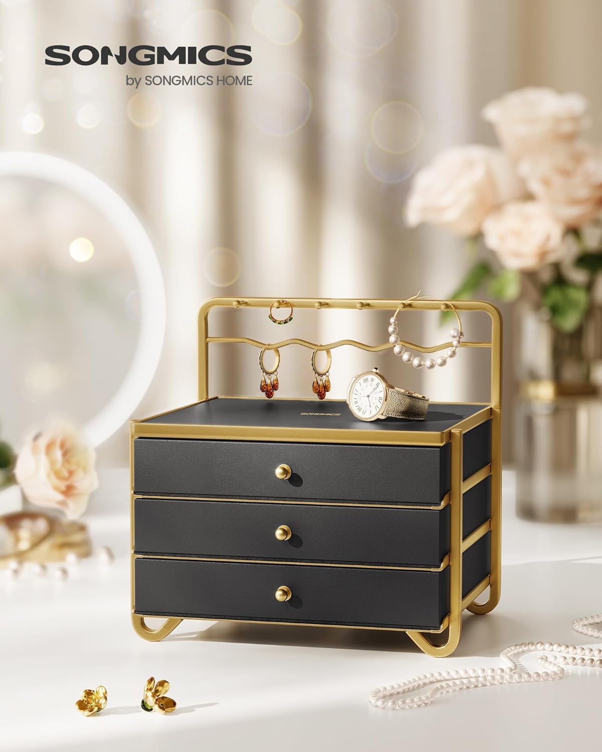 Schmuckschachtel - Schmuckschachtel - 3 Schichten mit Schubladen - schwarzes Gold