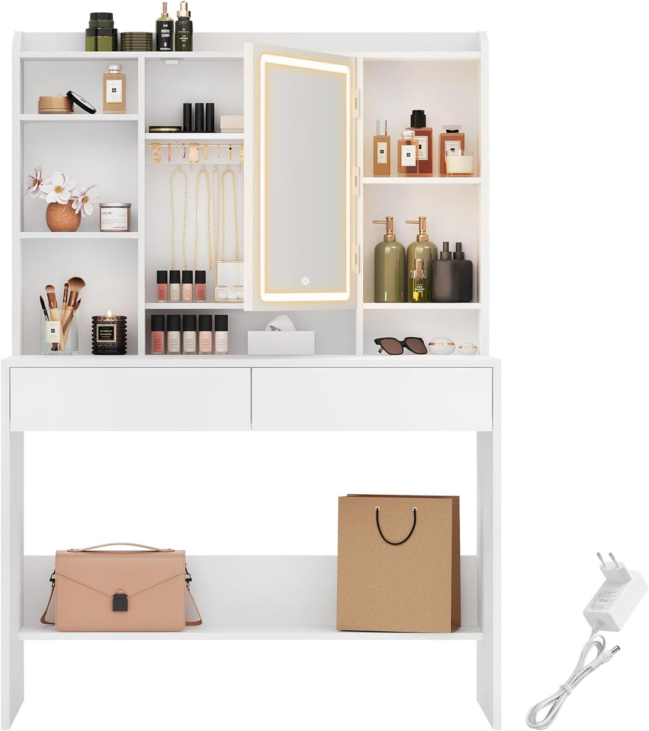 Schminktisch - Make -up -Tisch - mit LED -Beleuchtung und Spiegel - 2 Schubladen - aus Holz gemacht - Weiß