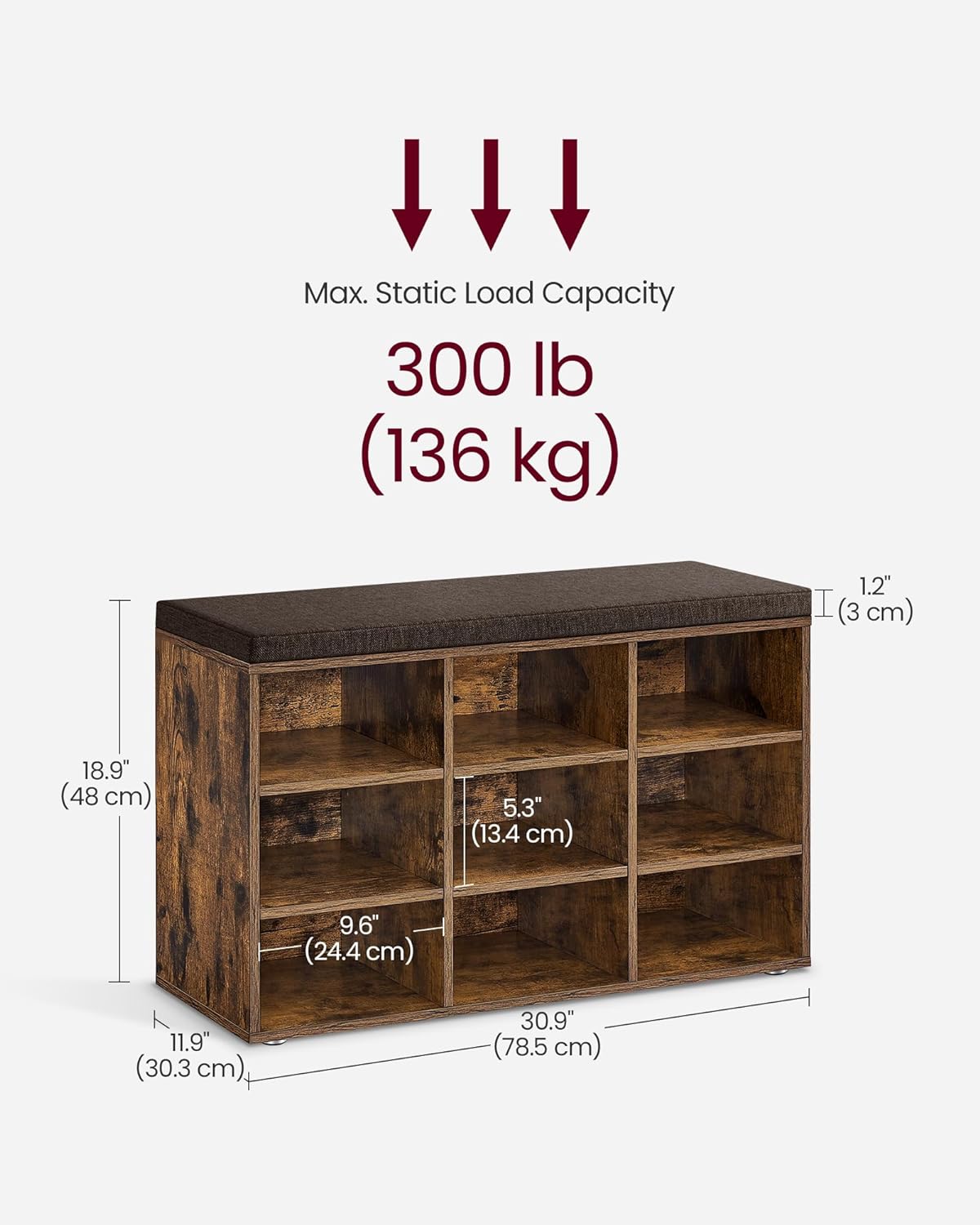 Schuhschrank - Schuhbank - 9 Fächer - mit Sitz - aus Holz - braun