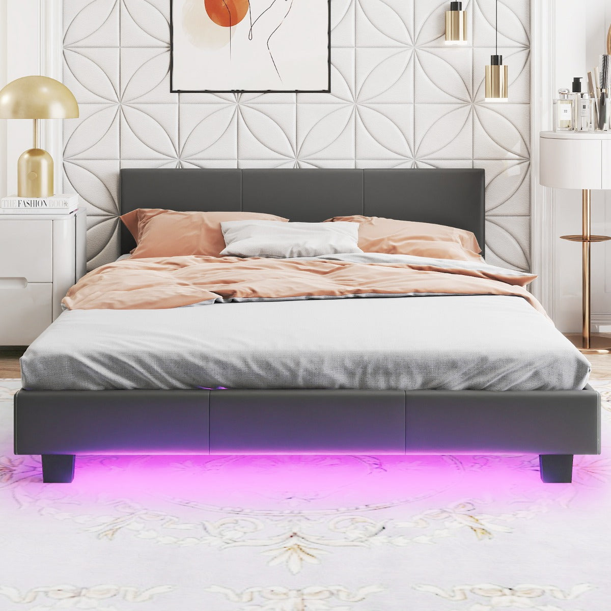 Säng – med LED belysning Polstrad ribbotten – 140 x 200 cm – Grå
