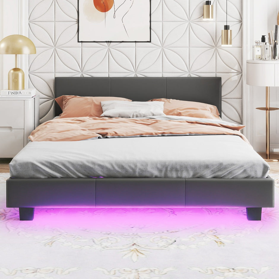 Säng – med LED belysning Polstrad ribbotten – 140 x 200 cm – Grå