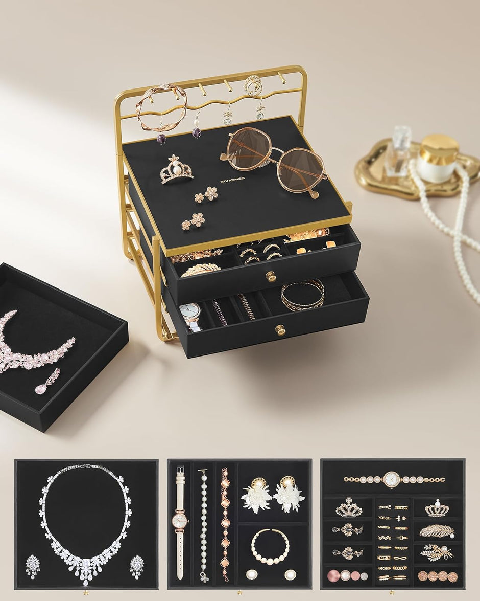 Schmuckschachtel - Schmuckschachtel - 3 Schichten mit Schubladen - schwarzes Gold