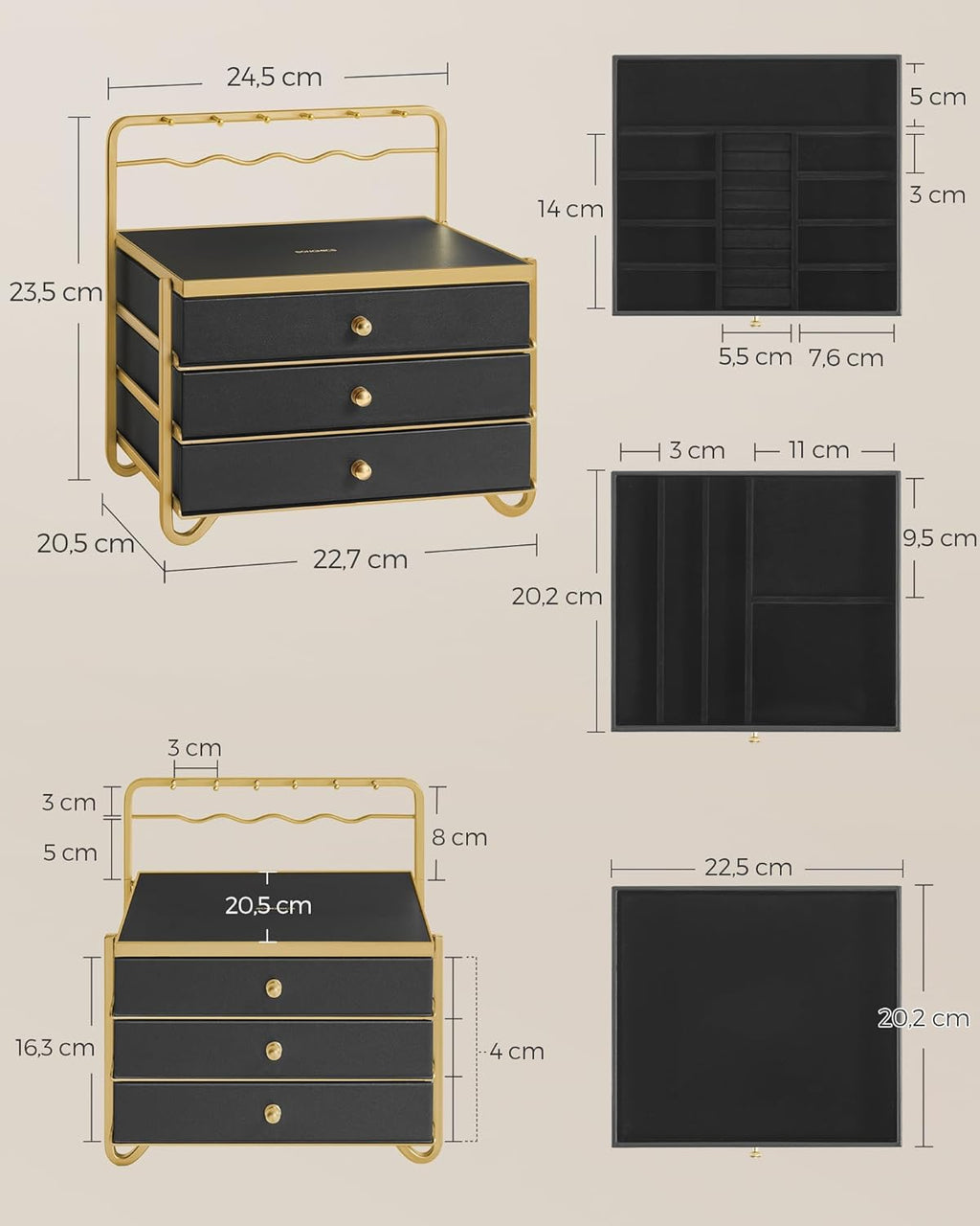 Schmuckschachtel - Schmuckschachtel - 3 Schichten mit Schubladen - schwarzes Gold