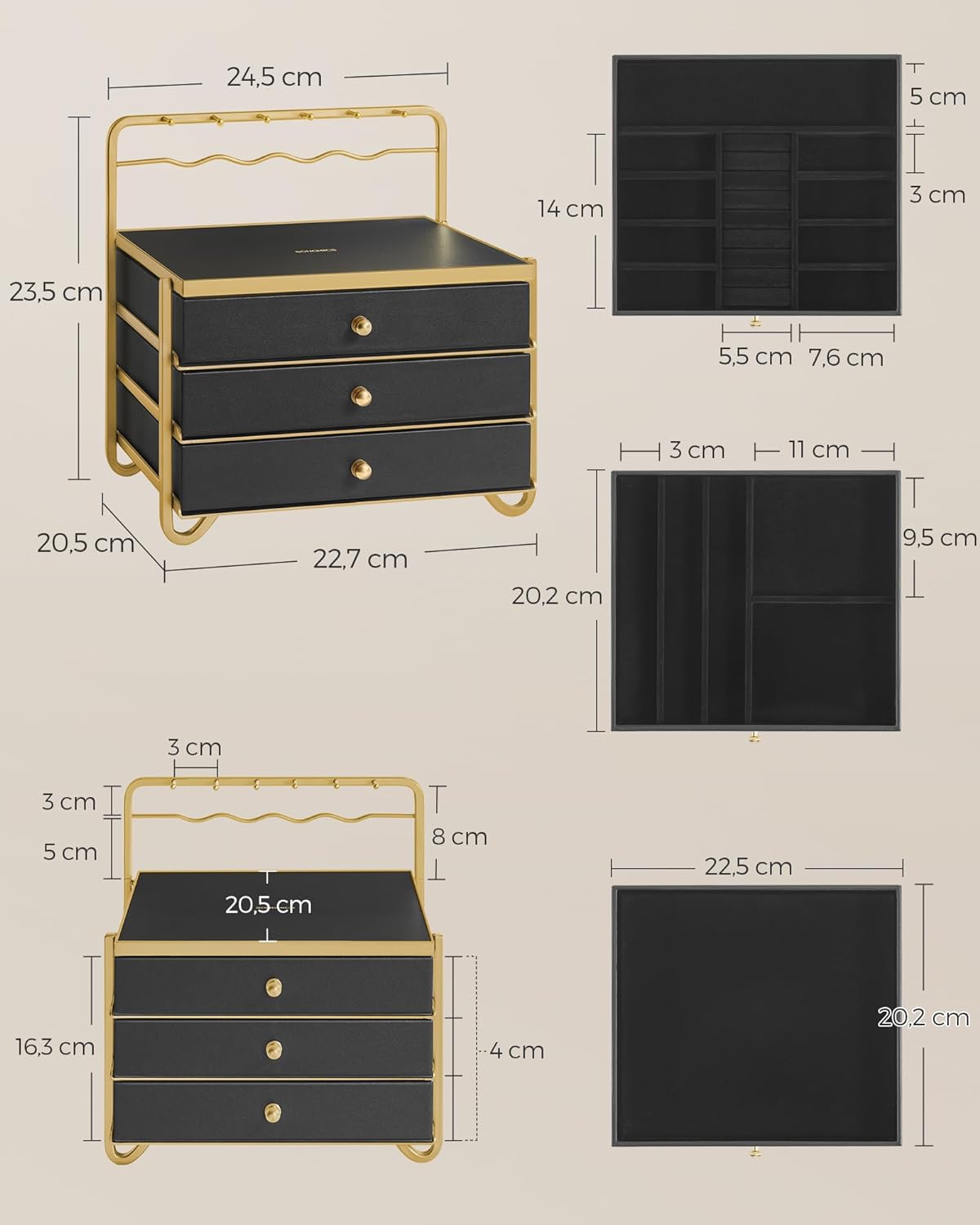 Schmuckschachtel - Schmuckschachtel - 3 Schichten mit Schubladen - schwarzes Gold