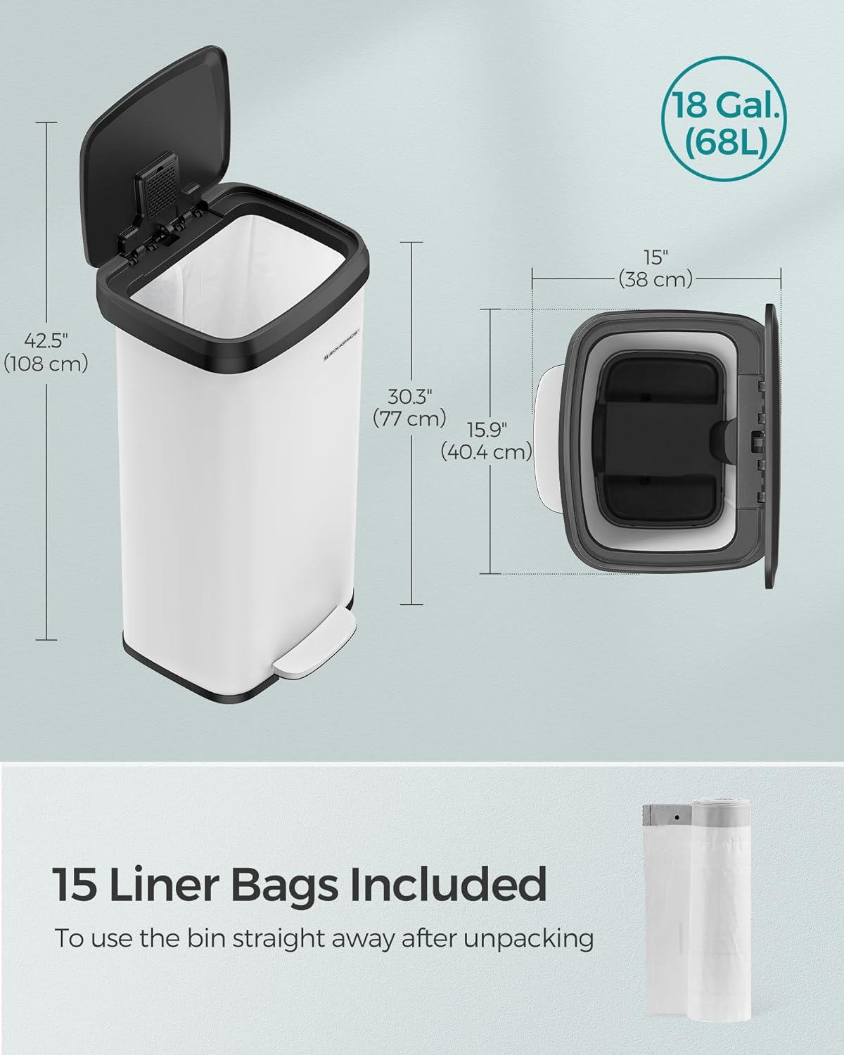 Müllbehälter - Abfallbehälter - 68Liter - Metall - mit Deckel - Weiß