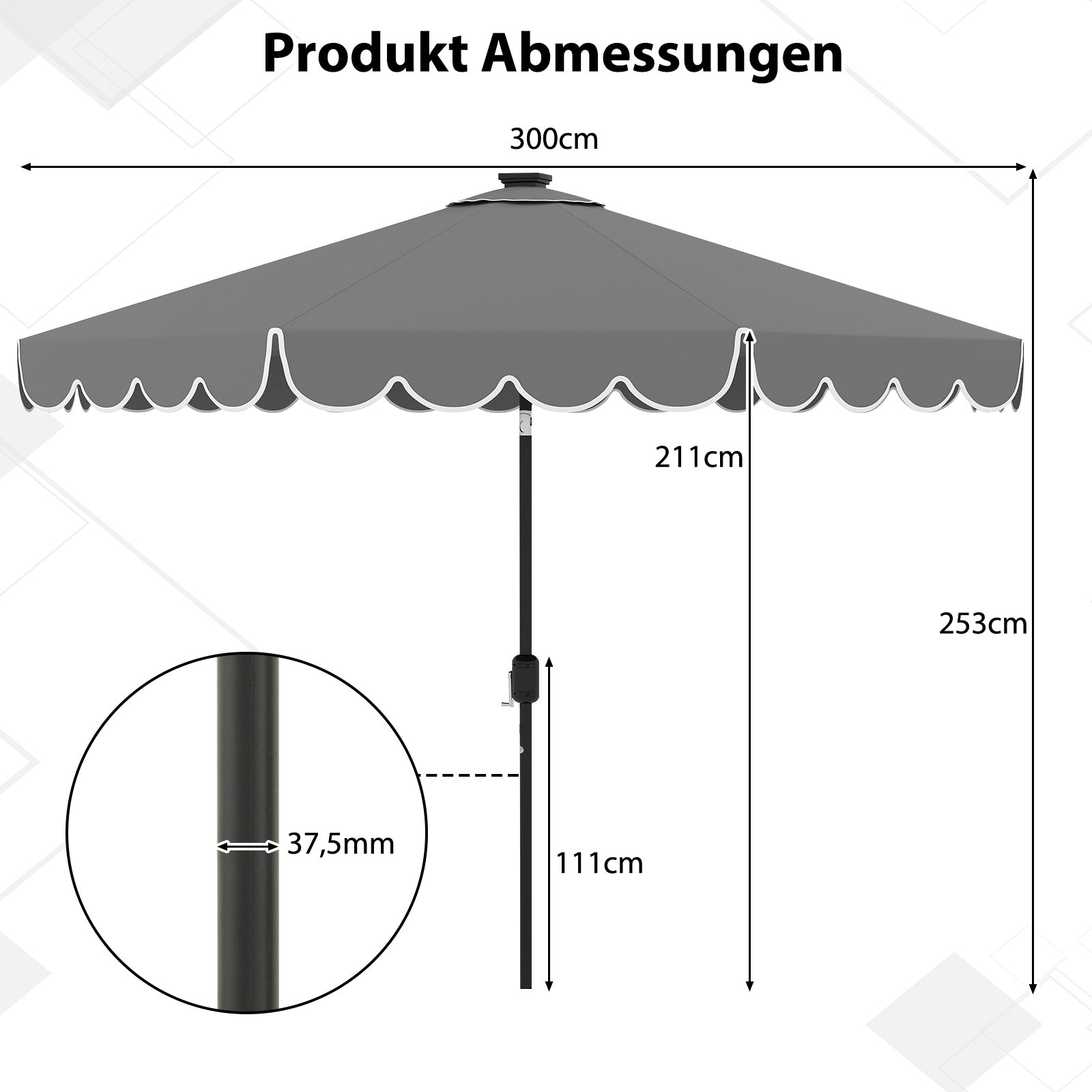 Parasoll – med LED belysning, trädgårdsparasol vev och volang, kan vinklas 35° på båda sidor – 300 cm – Grå