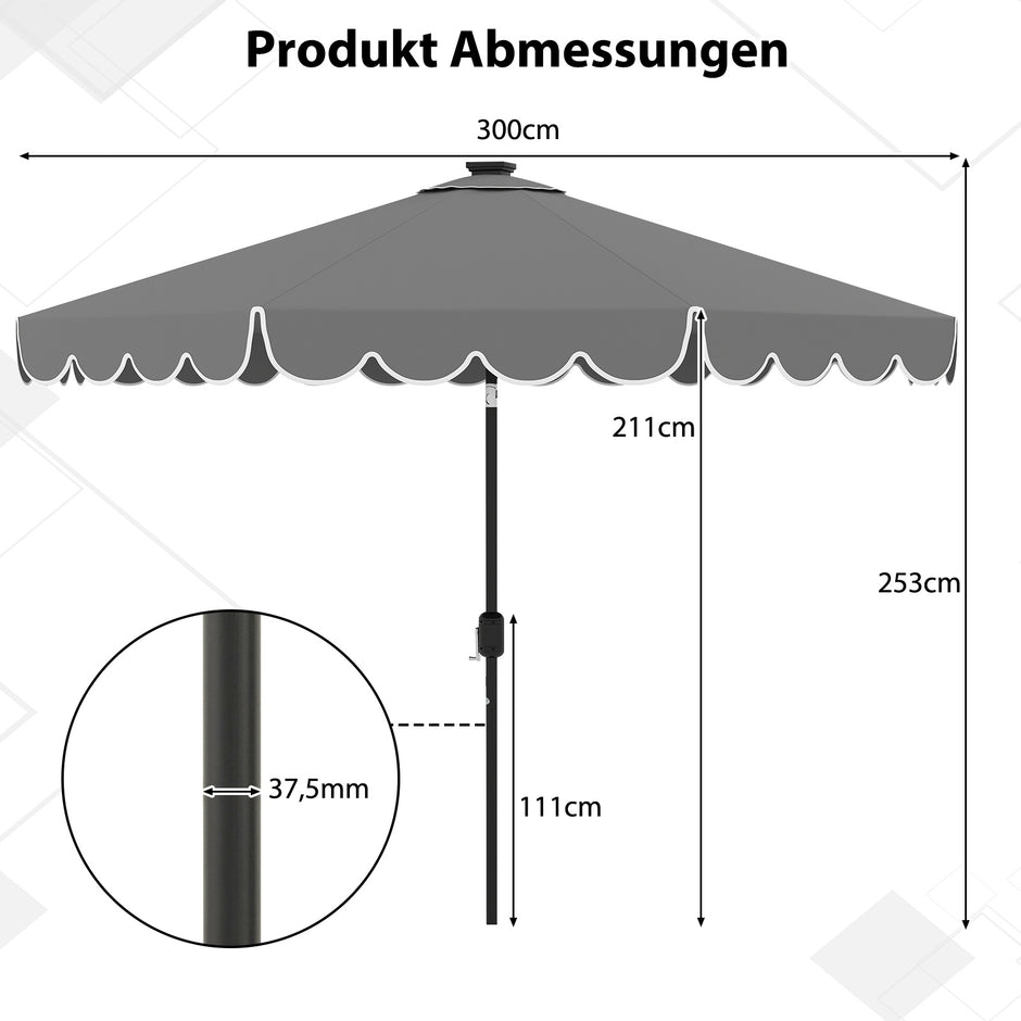 Parasoll – med LED belysning, trädgårdsparasol vev och volang, kan vinklas 35° på båda sidor – 300 cm – Grå