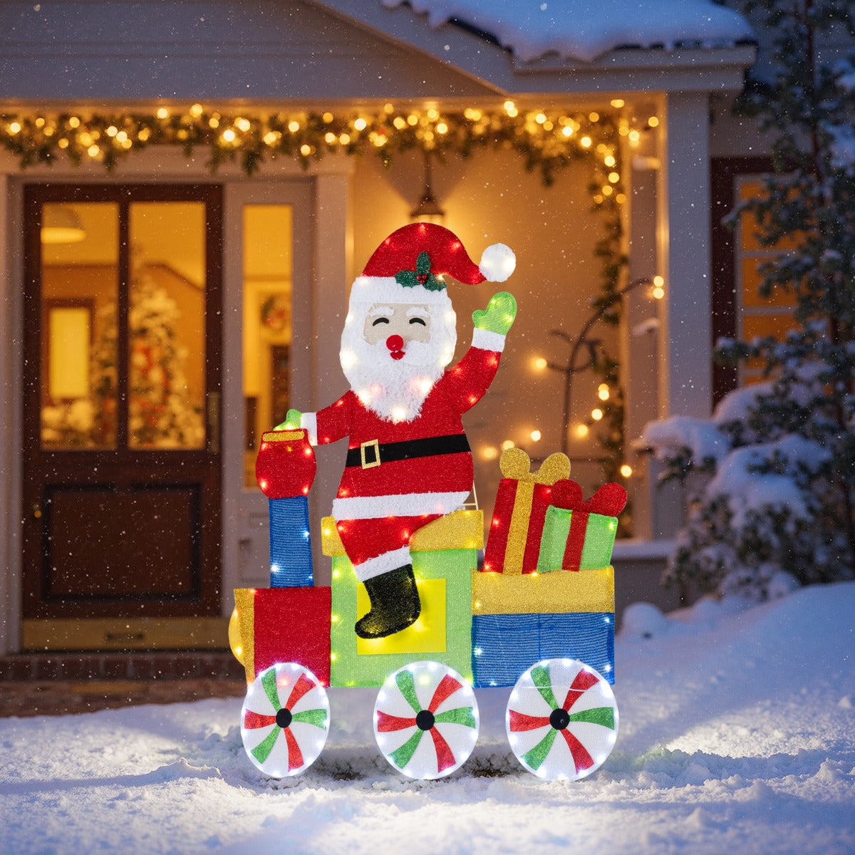 Belyst – 2D Jultomte i Tåg Juldekoration med LED Ljus och Glitterslöjor Julpynt – Flerfärgad