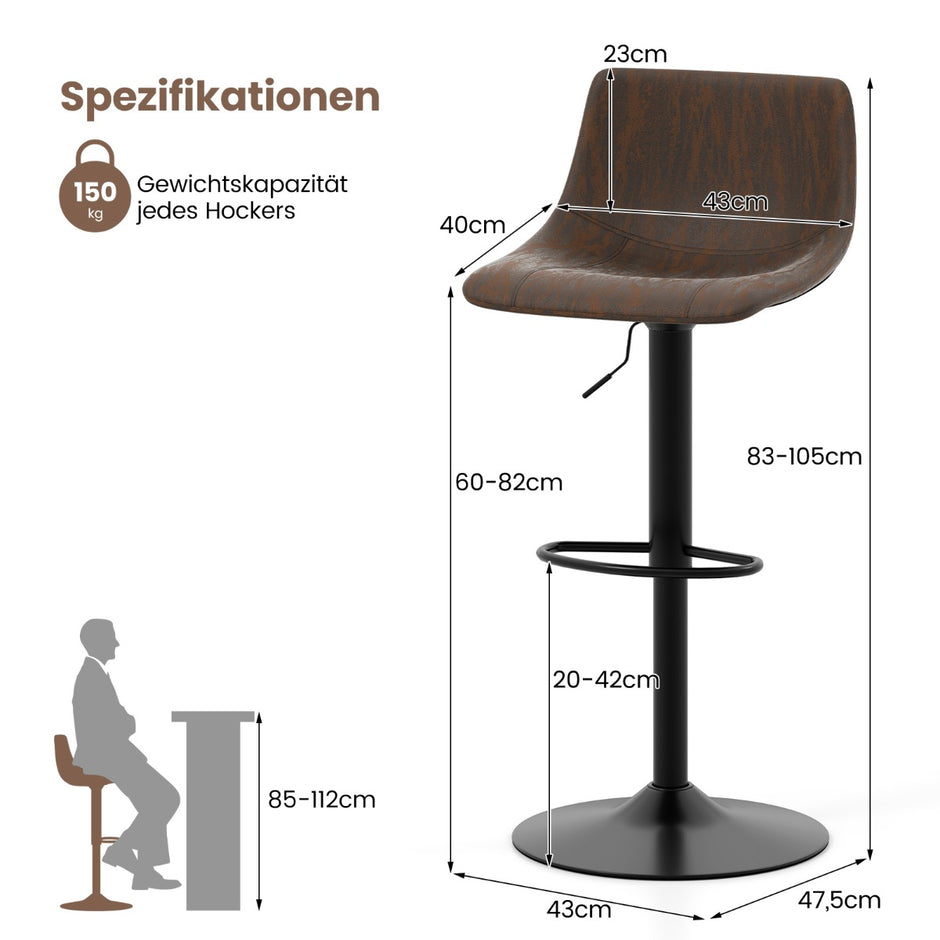 pack – Barstolar höj och sänkbara, snurrbara med ryggstöd fotstöd, rustik – 2 60-82 cm – Brun