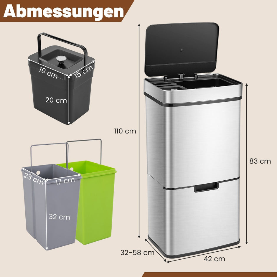 72L – soptunna i rostfritt stål med – 42 x 32-58 x 84-110 cm – Silver