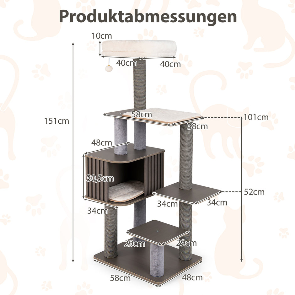 Klösträd – med kattgrotta och klösposter boll avtagbara mattor kattträd – 151 cm – Grå