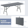 Trädgårdsbord – Campingbord hopfällbart Fällbord med HDPE bordsskiva och bärhandtag – 180 x 74 cm – Grå