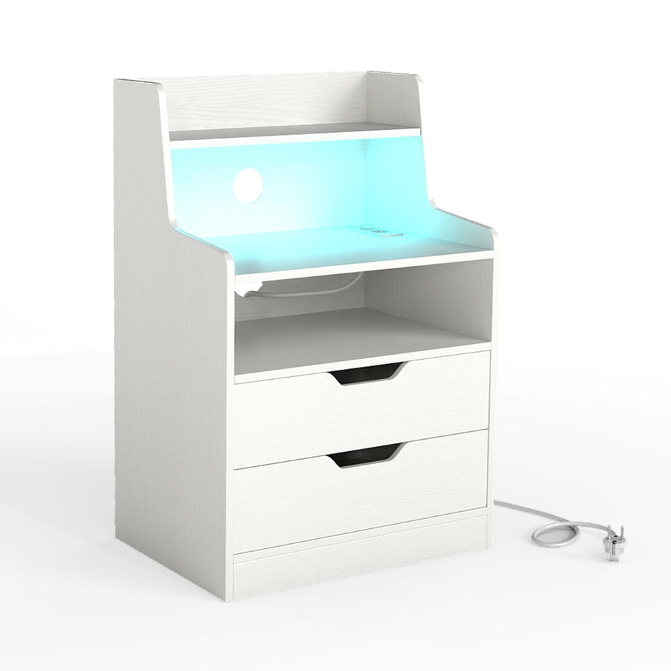 Nattduksbord – med LED Ljus och Laddningsstation Sidobord Låda öppen Fack modern – 2 – Vit